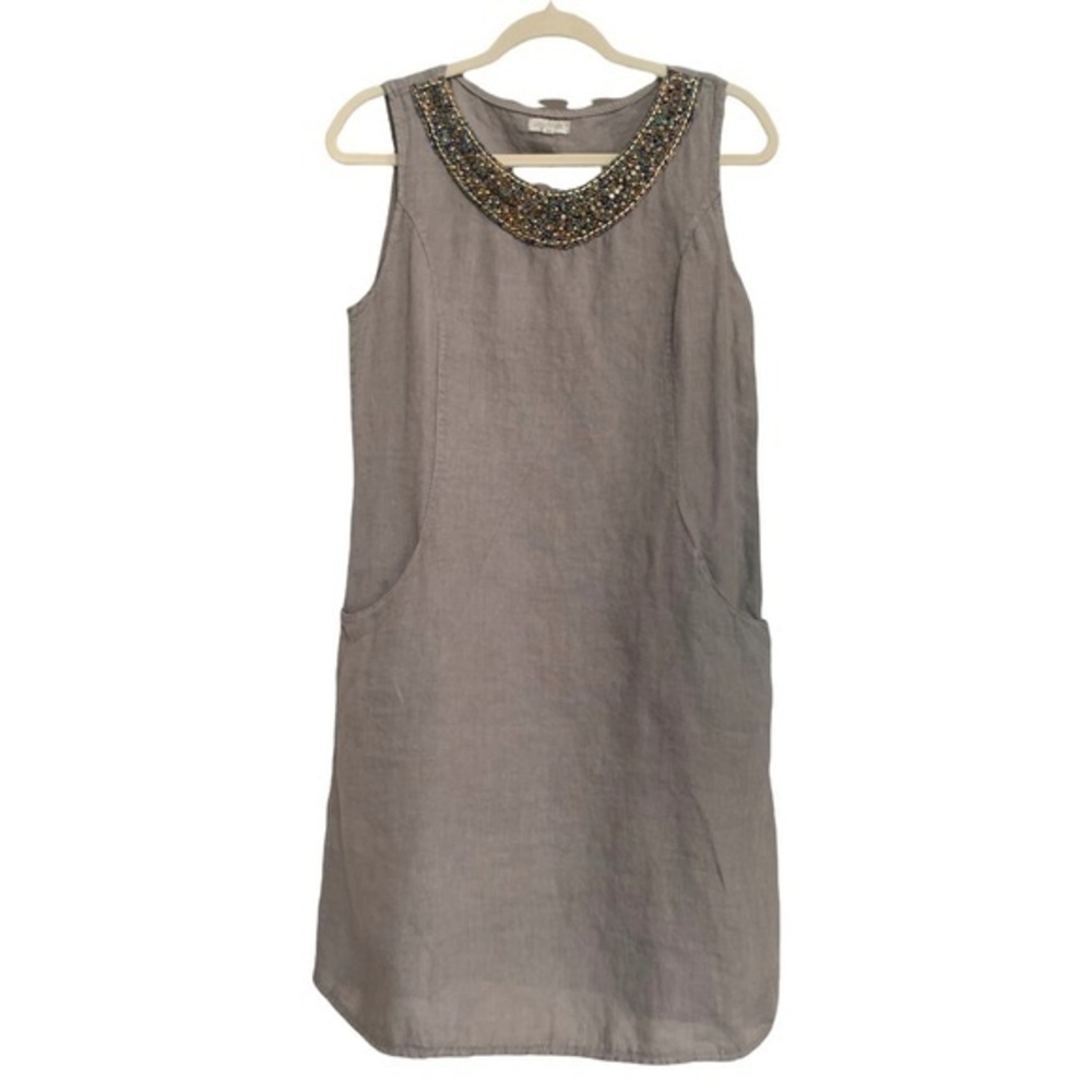 LINA TOMEI Beaded Gray Linen Dress Pockets Stretch Side Panels Sz Medium